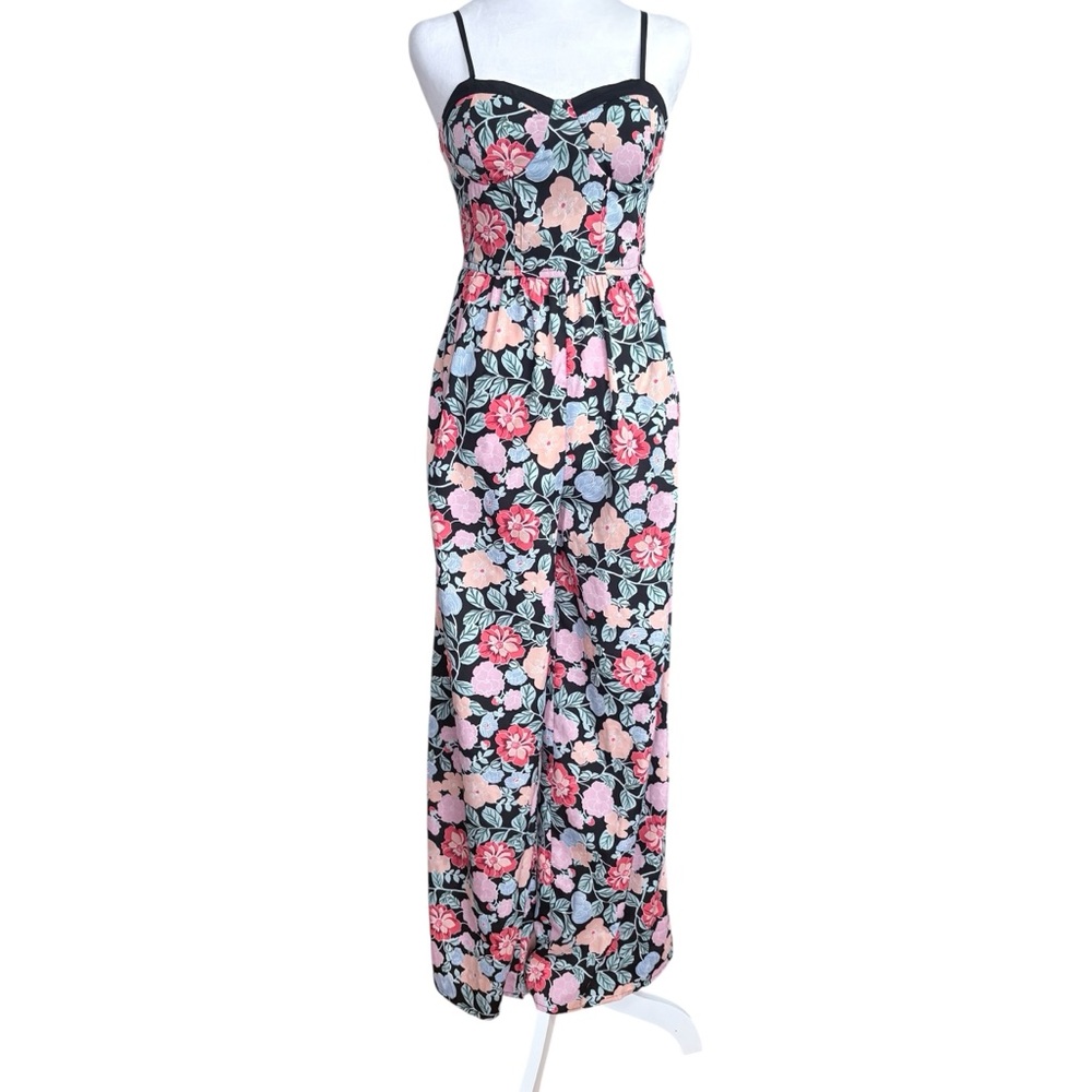 BOG Collections Black Floral Spaghetti Strap Wide Leg Jumpsuit Size Small Summer - Picture 2 of 6